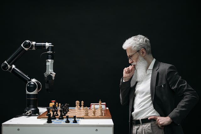 An elderly man plays chess with a robot.