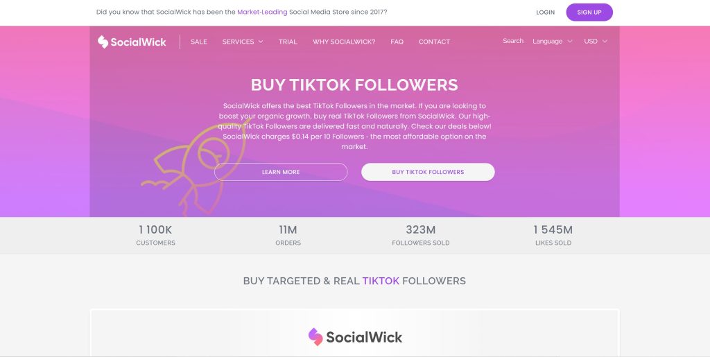 High SocialのTikTokフォロワーを購入するSocialWickページのスクリーンショット。