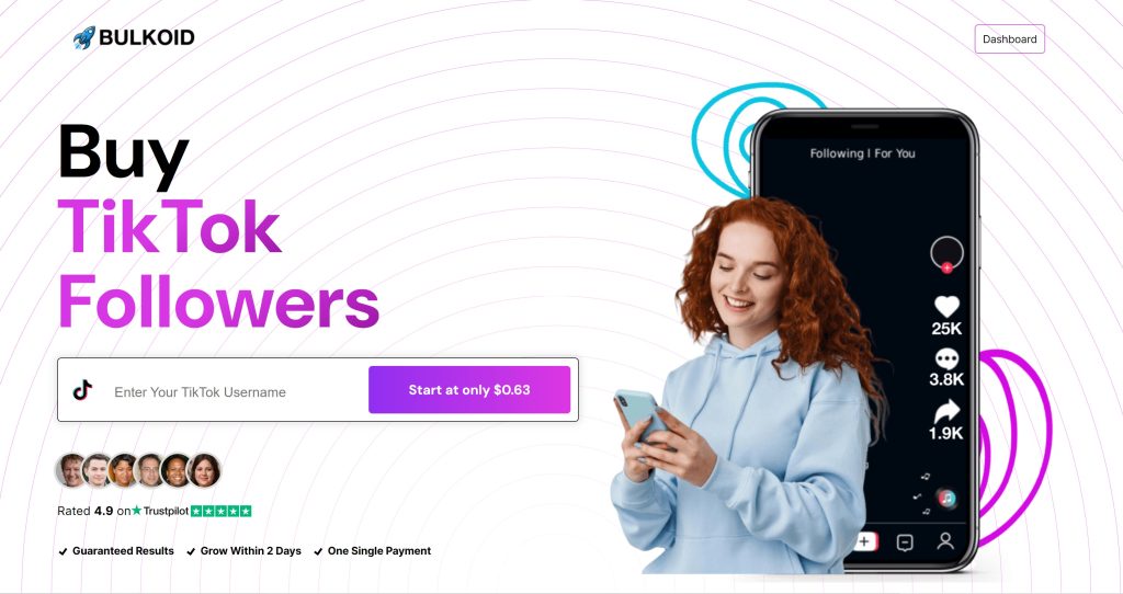 High SocialがユーザーにTikTokフォロワーを購入するよう促すBulkoidウェブサイトのスクリーンショット。