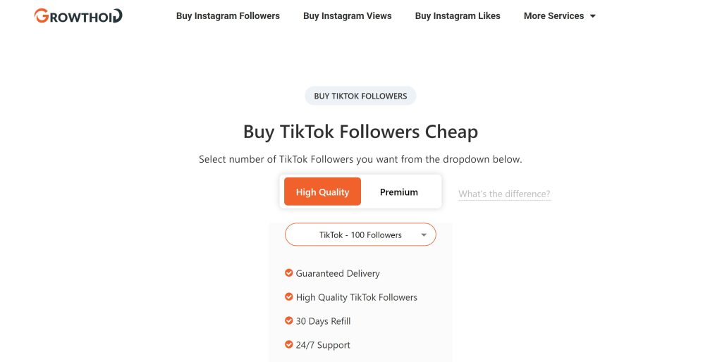Captură de ecran de la High Social de pe site-ul Growthoid, pagina "Buy TikTok Followers".