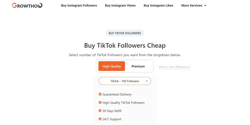 High Social's screenshot van Growthoid's website "TikTok volgers kopen" pagina.