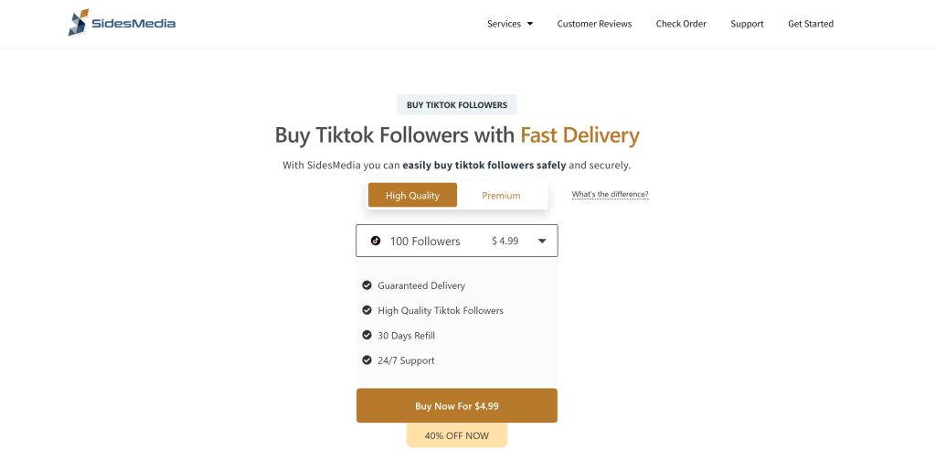 Capture d'écran de High Social de la page du site web de SidesMedia permettant d'acheter des followers TikTok.