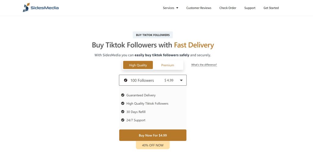 High Social 的 SidesMedia 网站页面截图，用于购买 TikTok 粉丝。