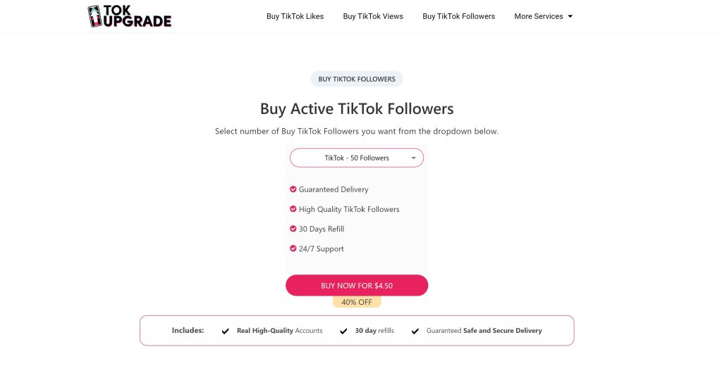 Capture d'écran de High Social de la page du site TokUpgrade permettant d'acheter des followers TikTok. 