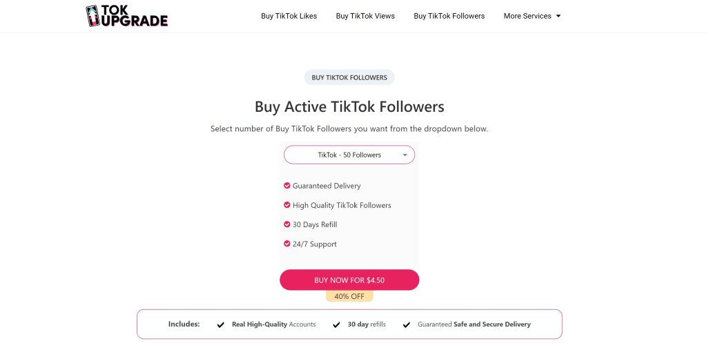 High Social's screenshot van de TokUpgrade website pagina om TikTok volgers te kopen. 
