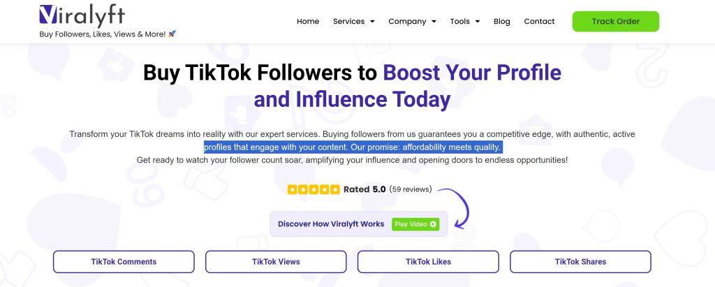 Capture d'écran de High Social du site web de Viralyft invitant les lecteurs à acheter des followers TikTok.