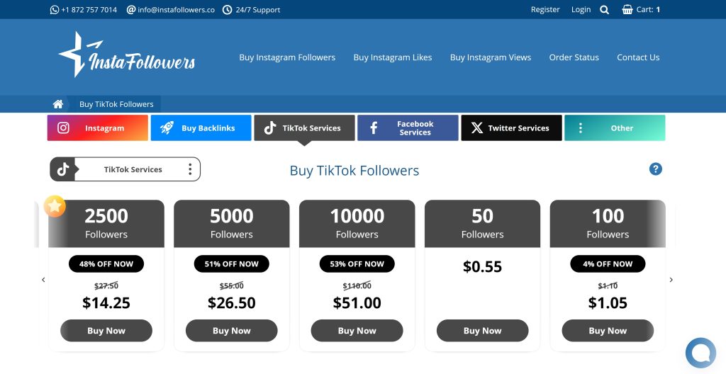 High Social 的 InstaFollowers 网站页面截图，用于购买 TikTok 粉丝。