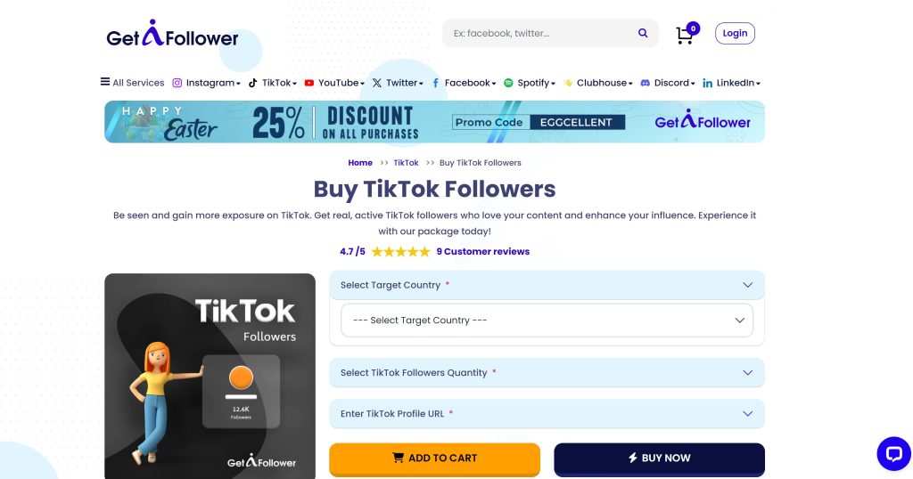 High Social 的 GetAFollower 网站截图，提示观众购买 TikTok 粉丝。