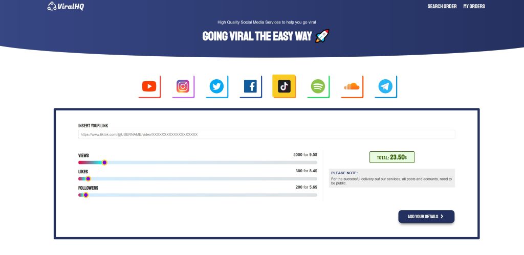 High Social 的 ViralHQ 网站页面截图，用于购买 TikTok 粉丝。