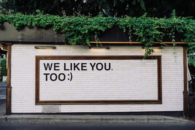 Sur un mur de briques blanches, un panneau indique "We like you, too" (nous vous aimons aussi), avec un smiley à la fin.