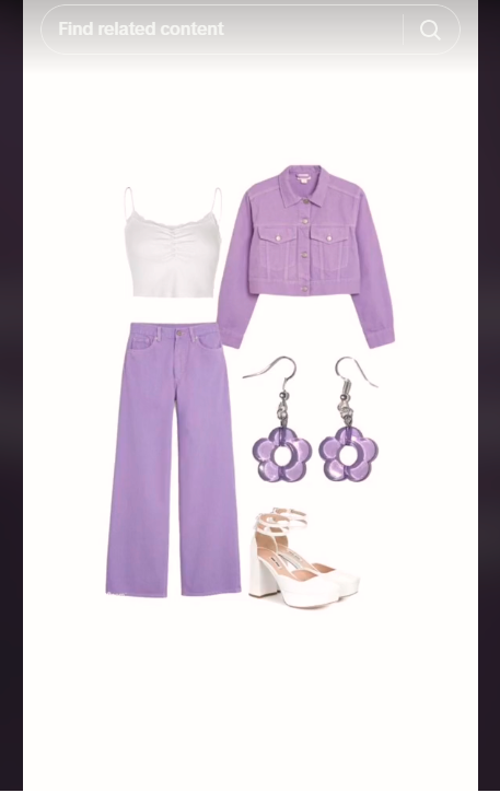 Lo screenshot di High Social mostra articoli di moda ispirati a un ensemble monocromatico lilla.