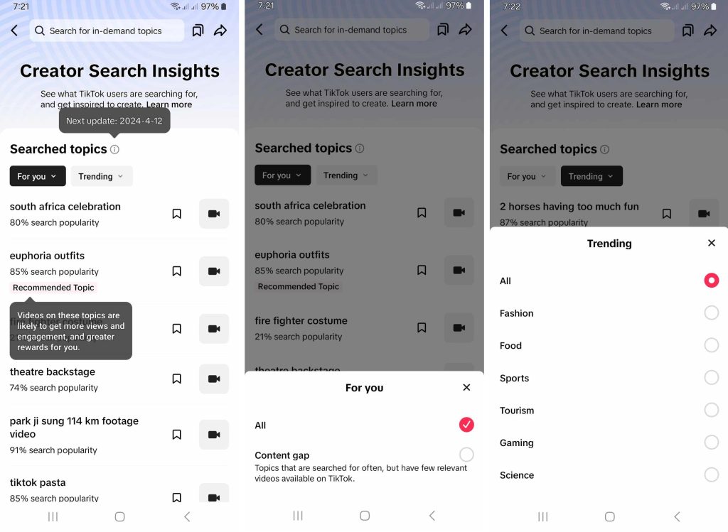 Gli screenshot di High Social mostrano come navigare nella pagina Creator Search Insights di TikTok. 