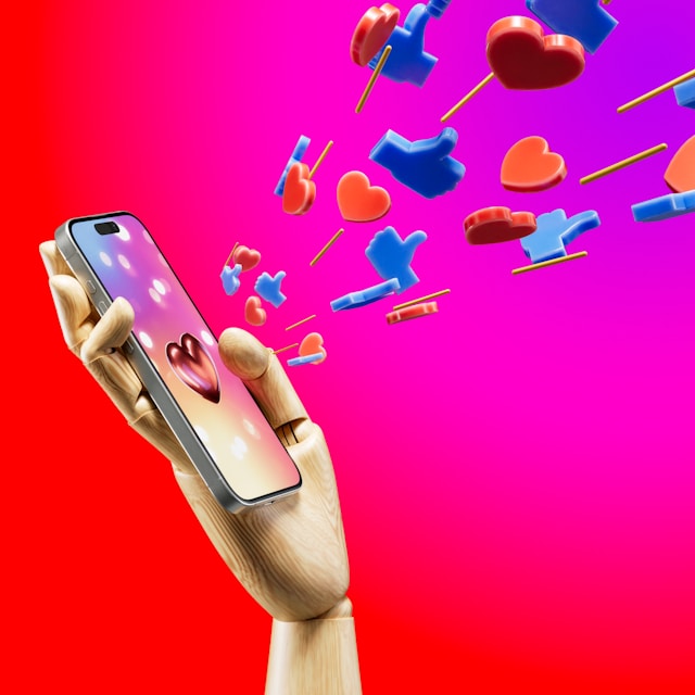 Een houten hand houdt een telefoon vast met een rood hart op het scherm en een explosie van thumbs-ups en hartjes.
