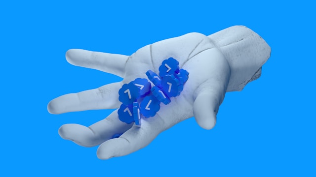 A digital hand holds a palmful of blue checkmarks.

