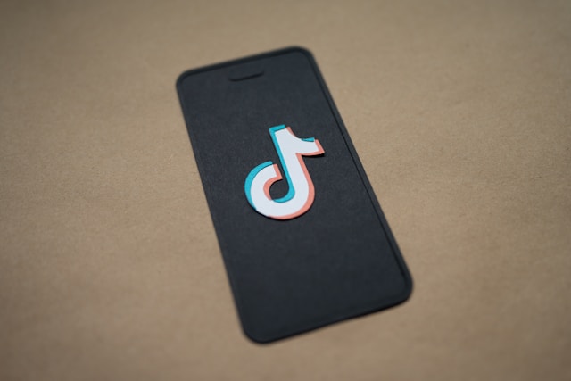 A blurred phone screen on a brown background displays the TikTok logo.