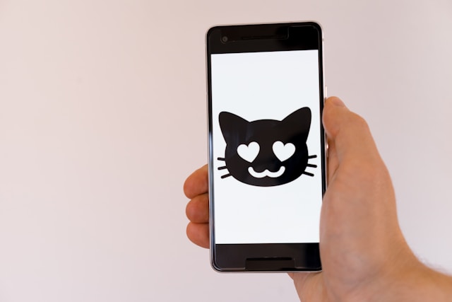 A phone screen displays an animated black-and-white smiling cat emoji.