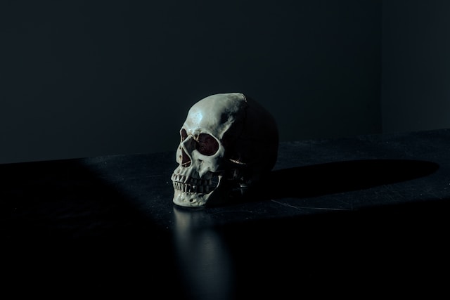 O figurină de craniu se află pe o suprafață neagră.