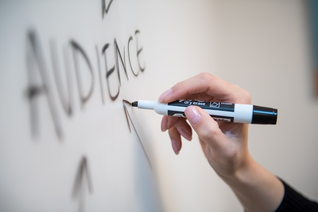 Uma pessoa escreve a palavra "Público" em um quadro branco e adiciona setas ao redor dela. 