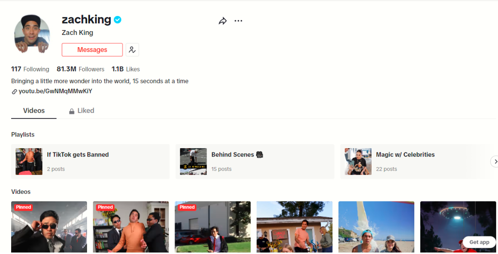 High Social’s screenshot of Zach King’s TikTok page. 
