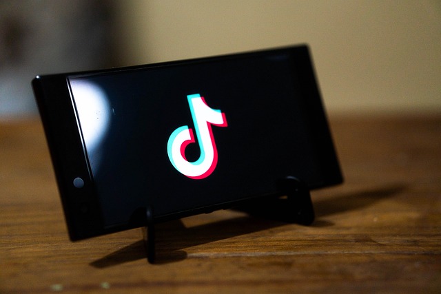 Un smartphone pe un suport afișează logo-ul TikTok.