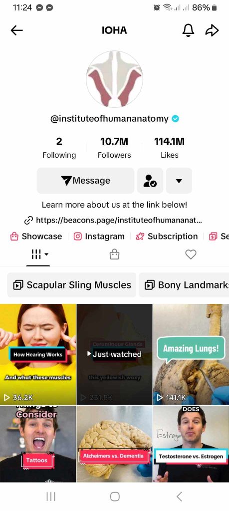 La capture d'écran de High Social montre une page de profil TikTok sur l'anatomie humaine. 