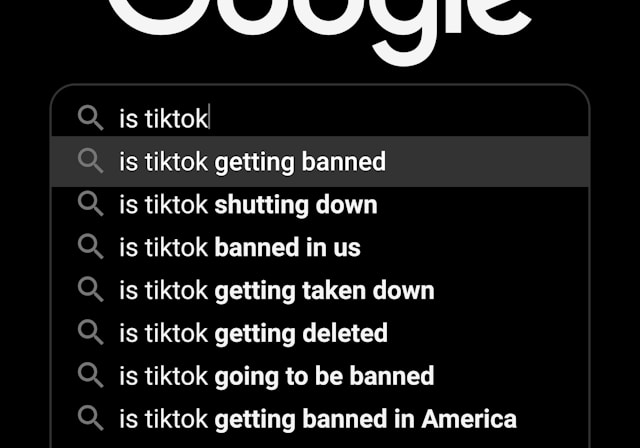 Ein Screenshot einer Internetsuche zeigt Abfragen zum Verbot von TikTok. 