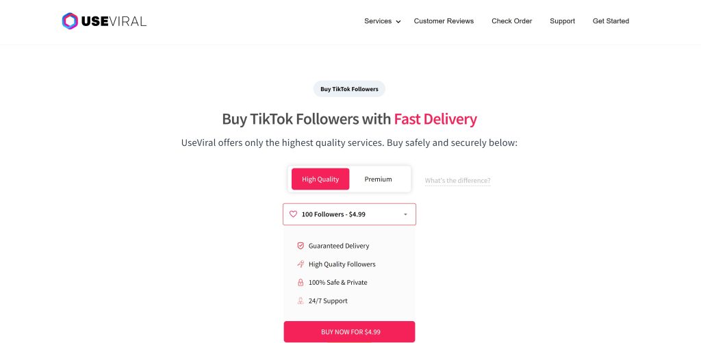하이소셜의 TikTok 팔로워 구매를 위한 UseViral 페이지 스크린샷.