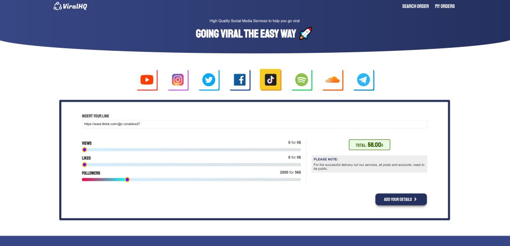Captura de pantalla de High Social de la página de ViralHQ para comprar seguidores de TikTok.