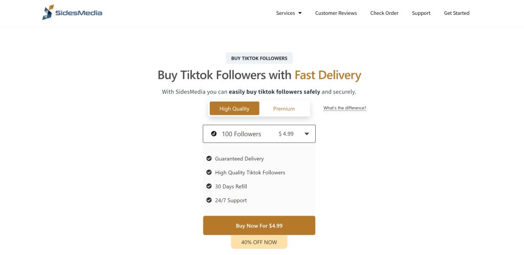 Captura de pantalla de High Social de la página de SidesMedia para comprar seguidores de TikTok.