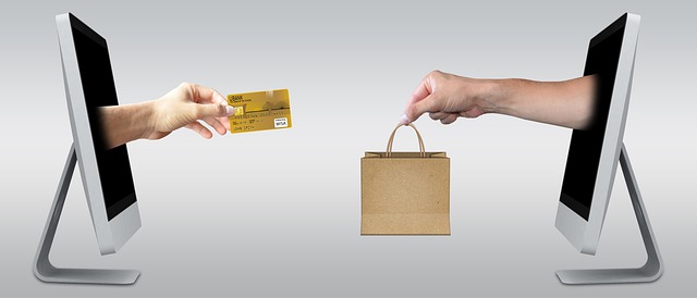 A hand from a computer screen holds out a credit card while another holds a bag.
