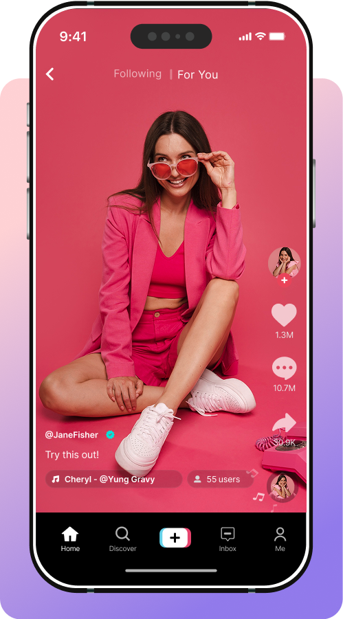 High Social graphic of a woman in pink posing confidently on a TikTok video screen with high likes, shares, and comments.