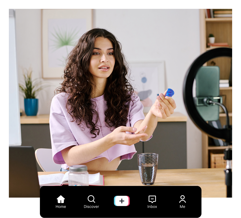 High Social graphic of a woman filming content at a table, overlayed with statistics showing engagement rate increasing.