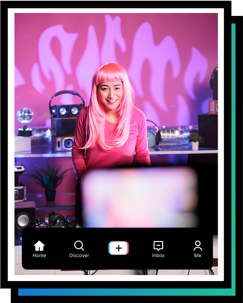 High Social graphic of a woman in a pink wig recording content in a retro room setup, with TikTok interface icons at the bottom.