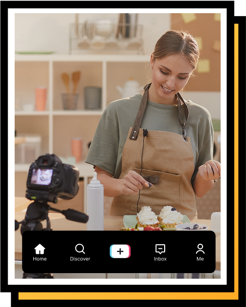 High Social graphic of a smiling woman in an apron filming a baking video with cupcakes, with TikTok interface buttons below.