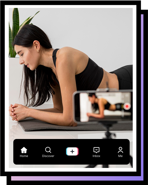 High Social graphic of a woman in workout gear filming a fitness video on a phone, with TikTok icons along the bottom.