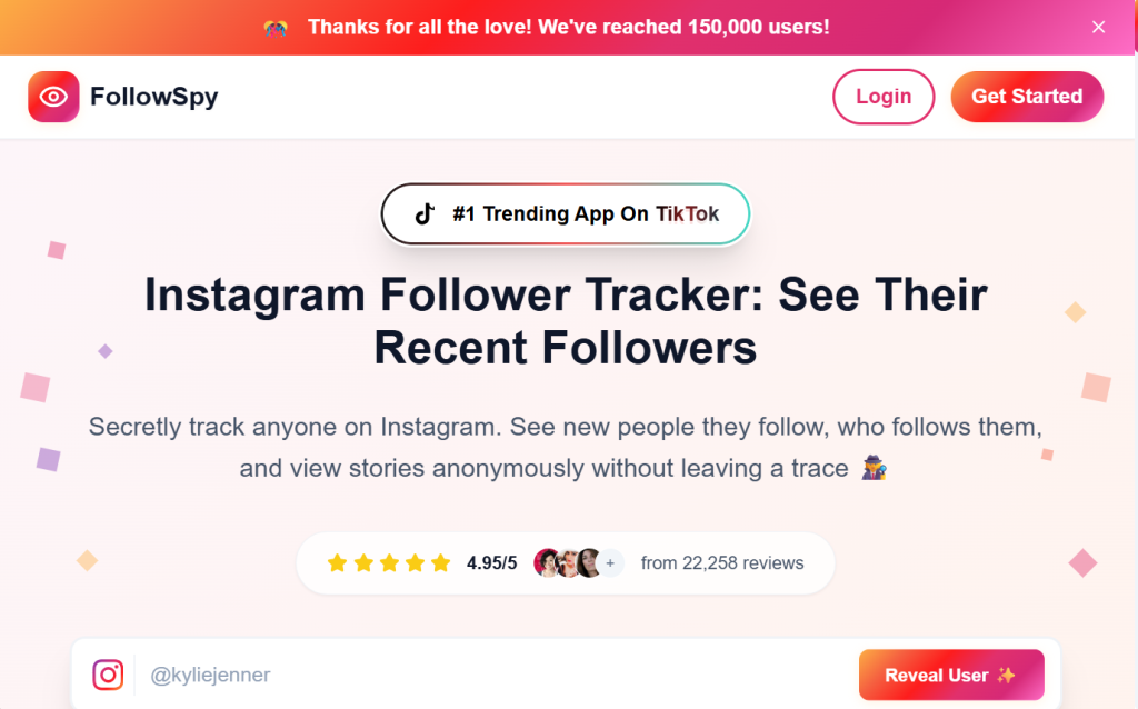 FollowSpy homepage with Get Started and Login buttons