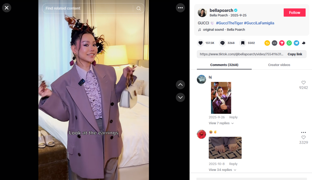 Screenshot of Bella Poarch’s TikTok page showing one of her viral videos with likes, views, and comments.