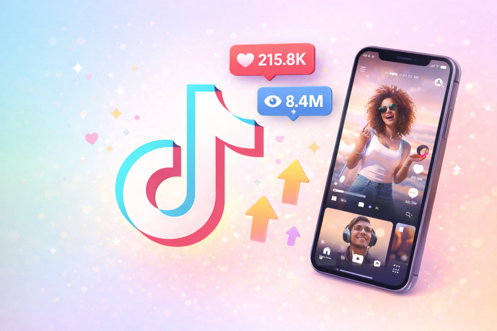 A smartphone screen showing a TikTok video with visible likes, views, and the TikTok logo.
