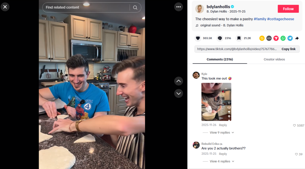 Screenshot of a recipe video from B. Dylan Hollis’s TikTok page, showing comments and clips from the video.