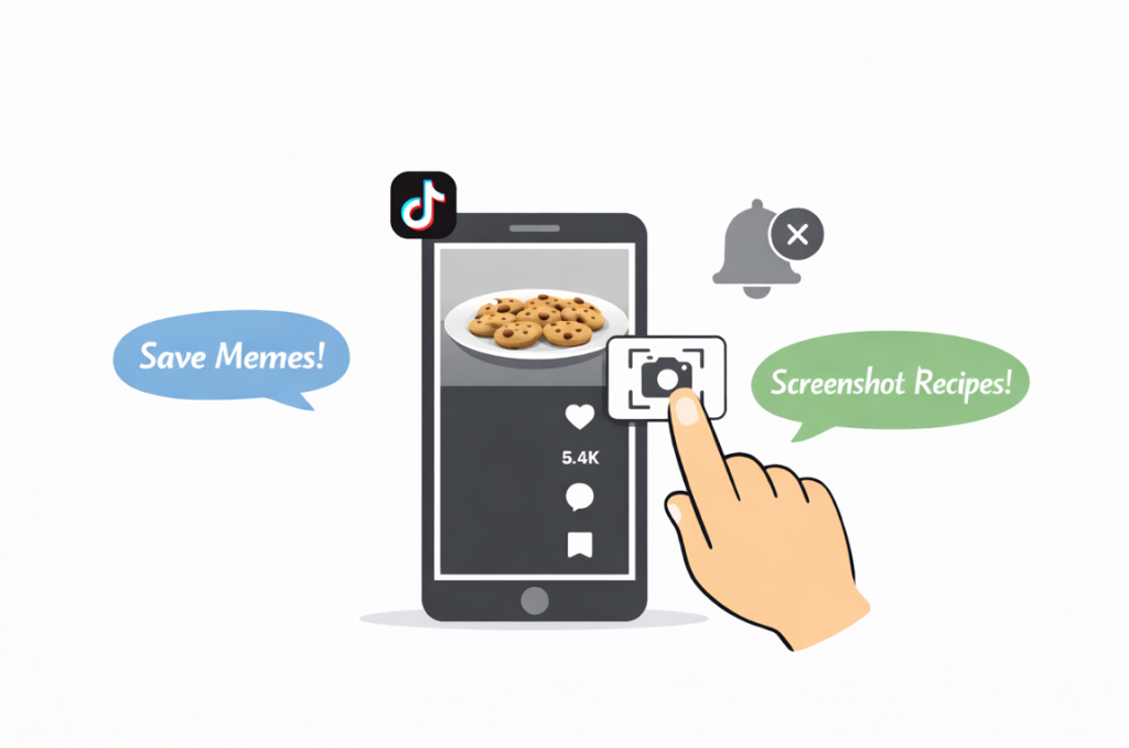 Illustration of a smartphone with a hand taking a screenshot of a TikTok video.