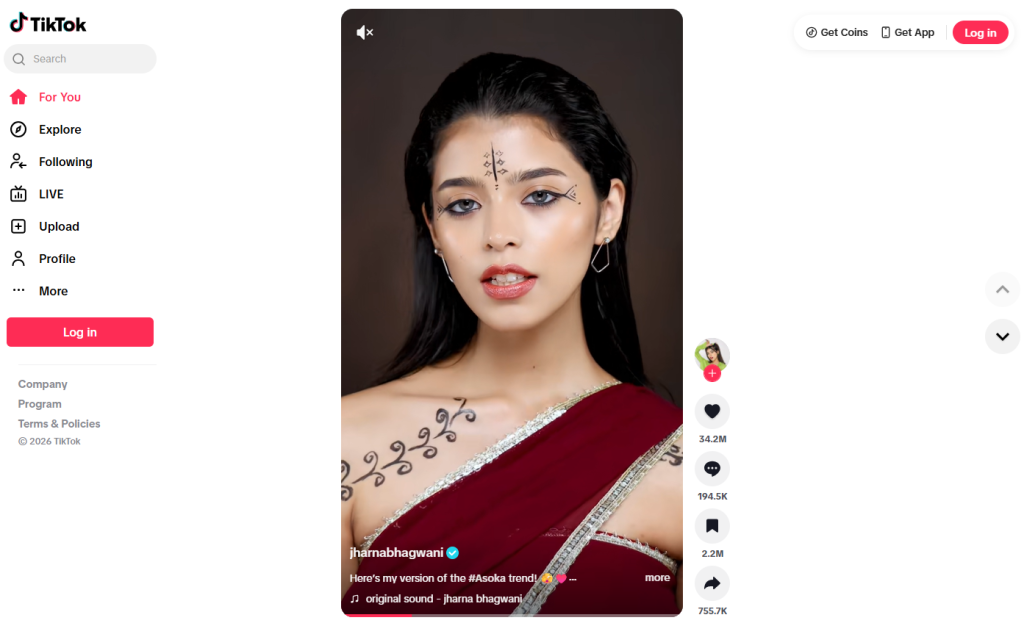 Screenshot of a TikTok video where Iharna Bhagwani showcases a variation of the #Asoka trend.